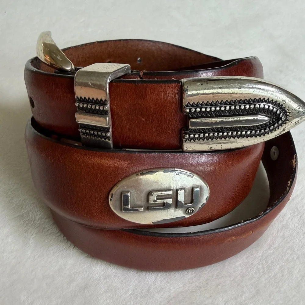 LSU Tigers Leather Belt Mens 38 Brown Western Engraved Buckle‎ NCAA Collegiate